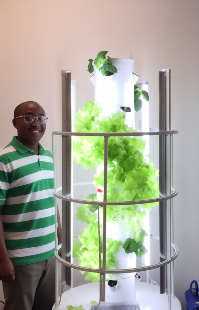 Aeroponic tower producing leafy greens indoors